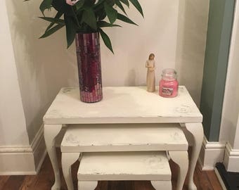 SOLD Please contact for custom orders - Nest of 3, solid wood, hand carved side tables. Annie Sloan old white, distressed, shabby chic