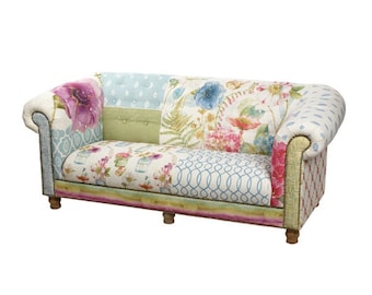 SOLD OUT Floral Sofa 2-3 seater, chesterfield, shabby chic, country cottage, vintage prints, pastels, patterned, birdcage, living room