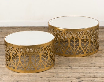 Gin Shu Parisienne Metal coffee tables, nest of tables, Gold Gilt Leaf, minimalist decor, set of two tables, living room dining room