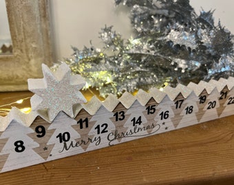 Contemporary Wooden Advent Countdown to Christmas, White Star Calendar, Fireplace & Shelf Decoration, Family Countdown, Monochrome, Glitter