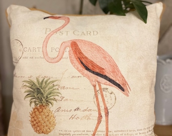 Flamingo design cushion, patio furniture, summer room, pineapple, tropical vibes, holiday design, exotic decor, french post card, vintage