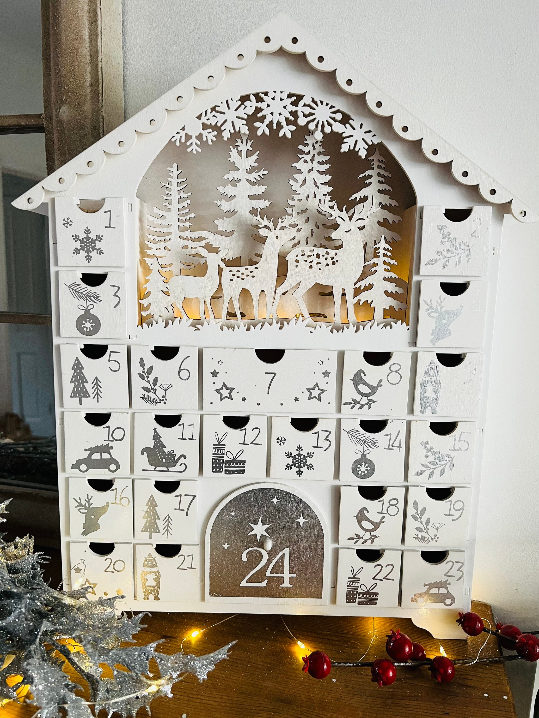 White House 2022 Christmas Musical Guest Led Christmas Wooden Advent Calendar House White Woodland | Etsy Uk