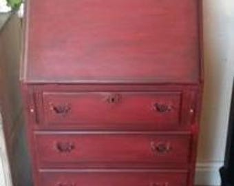 SOLD Shabby chic vintage writing desk bureau, deepest burgundy, dark wax, red, with working key