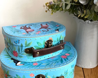 Jungle Theme Colourful Storage Cases, Set of 2, Stackable, Kids Bedroom Storage, Decorative, Faux Leather Handles, Birthday Gift