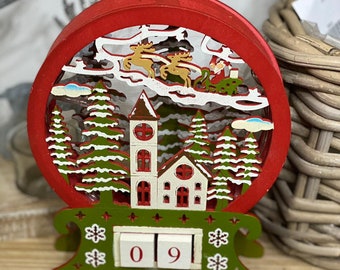 Christmas perpetual calendar, snowy scene, Christmas tree and houses