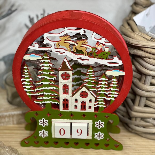 Christmas perpetual calendar, snowy scene, Christmas tree and houses