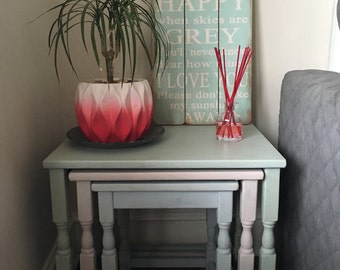 SOLD Please contact for custom orders Nest of 3 Solid Wood Stacking Tables, Pastel Shades of Green, Pink and Blue