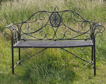 Umbra Grey Metal Garden Bench, Love Seat, Garden Furniture, patio bench, French style, farmhouse, gothic, outdoor seating, Rococo