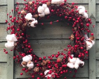 Traditional christmas wreath for front door or wall, rustic, red berry, artificial, decorations, berries and bells