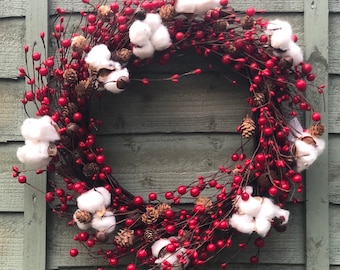 Couronne de Noël traditionnelle pour porte d’entrée ou mur, rustique, baies rouges, artificielles, décorations, baies et cloches