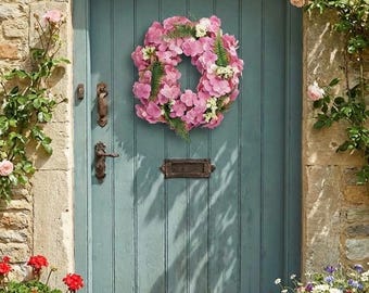 40cm Pink Hydrangea Front Door Wreath - Artificial Flower Wreath for Country Cottage Decor - Farmhouse Summer Floral Door Hanger - 16 Inch