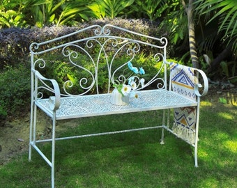 Cream Butterfly Vintage Metal Garden Bench, Love Seat, Garden Furniture, patio bench, French style, farmhouse, outdoor seating, shabby chic