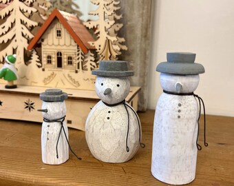Wooden Christmas Snowmen, Set of 3, Natural, Eco Friendly, Snowman, Snowflakes, Christmas Ornaments, Traditional