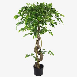 Large 120cm Artificial Ficus Tree with Twisted Stem - Realistic Faux Weeping Fig in Pot - Modern Indoor Floor Plant - Large Silk Tree