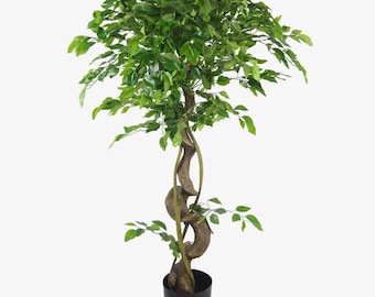 Large 120cm Artificial Ficus Tree with Twisted Stem - Realistic Faux Weeping Fig in Pot - Modern Indoor Floor Plant - Large Silk Tree