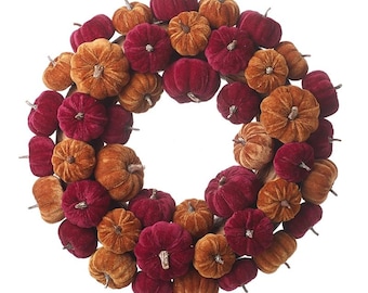 Fall, Autumn, artificial pumpkin wreath decoration, wall or door hung, burgundy & orange, large garland ornament, thanksgiving