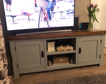 SOLD TV stand cabinet, storage unit, Solid / hardwood oak, television display table, media storage unit shabby chic mineral greys