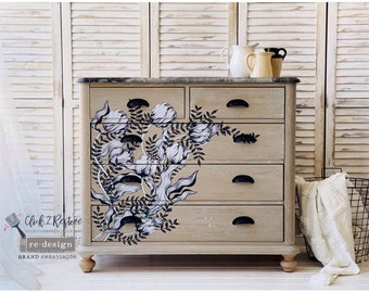 Mono Tulip Furniture Decor Transfer 24" x 35" Re-Design with Prima, Chalk Mineral Paint, floral, birds, branches