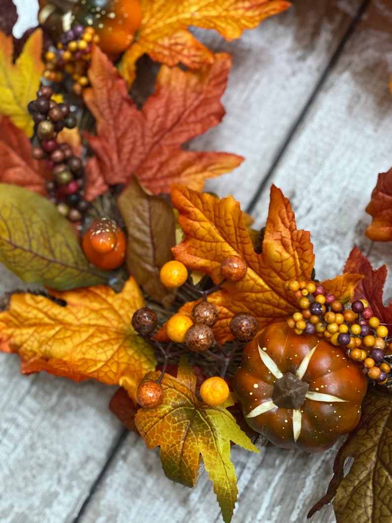 Fall, Autumn, artificil wreath decoration, rattan, wall or door hung, berry, pumpkin maple leaf design, large garland ornament, thanksgiving image 4