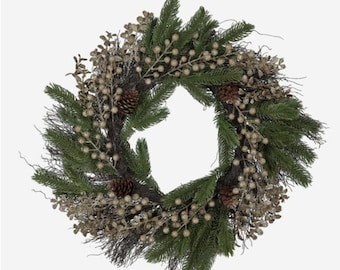 Christmas Green natural foliage, Gold Tone Berries Wreath 52cm, wall or door hung, woodland (TK022)