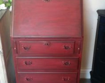 SOLD Shabby chic vintage writing desk bureau, deepest burgundy, dark wax, red, with working key