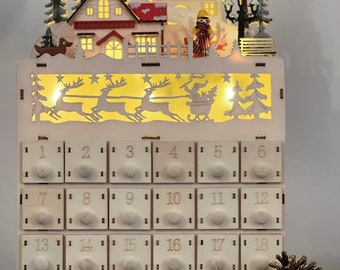 Weihnachtlicher Adventskalender aus Holz, Erwachsene Kinder gleichermaßen, Countdown, 1. Dezember, Rentier, Weihnachtsmann, Schlitten, Dorf, Holz andenken