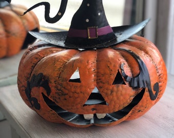 Spooky pumpkin metal Halloween lantern, tea light holder, indoor or outdoor decoration, candle, spider, witch, fall, door, entryway