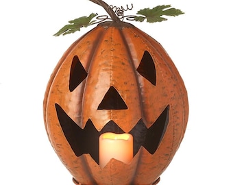 Metal Pumpkin orange & green design ornament, for display, haunted, decoration, carved, face, spooky, jack-o'-lantern, battery operated