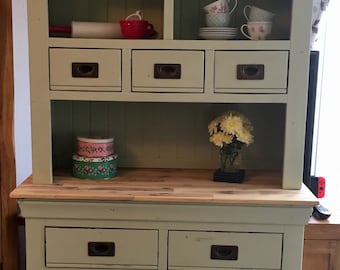 SOLD Shabby chic solid / hard wood welsh dresser, top and bottom. Farrow and ball cooking apple green, can be painted any colour required