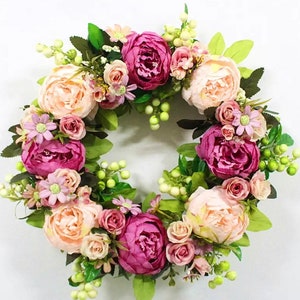 Corona para puerta, Redonda, Para la puerta principal, Boda, Hogar, Decoración, Flor artificial, Corona de peonía, Rosa y margarita de 40 cm, Regalo de Navidad