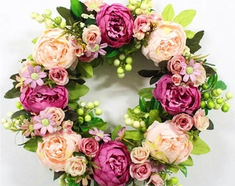 Door Wreath, Round, For The Front Door, Wedding, Home, Decoration, Artificial Flower, Wreath Peony, rose and daisy's 40cm, Christmas gift