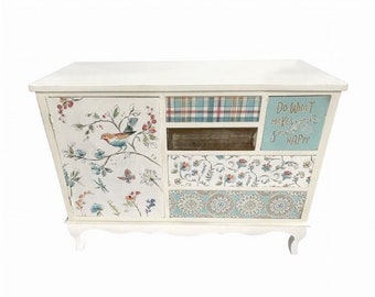 Wooden sideboard, storage unit, floral design, shabby chic, hand painted, cheque, paisley, positive quote multi size draw chest, tv unit