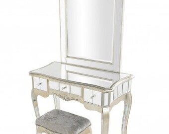 Mirrored Dressing Table Set, Champagne Silver Gilt Leaf, Annabelle complete 3 piece set, dressing table, stool & mirror, bedroom furniture