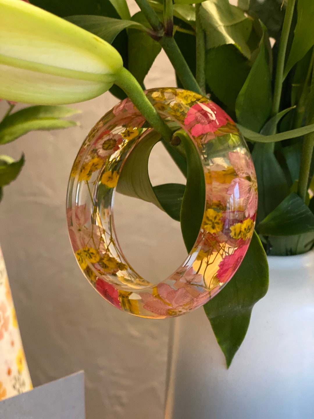 Dried Flower Bangle Bracelet Made From Real Flowers Set Inside of a