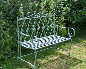 Sage Green Vintage Metal Bench, Love Seat, Garden Furniture, patio bench, French style, farmhouse, rustic