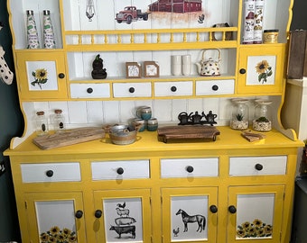 SOLD Large farmhouse Welsh dresser painted in daisy (yellow) and white with sunflowers and on the farm design, storage, kitchen, dining room