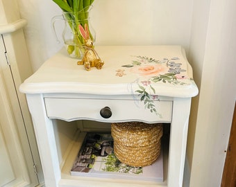 SOLD Ivory & Floral Console Side Table, Bedside Table, Telephone Table, Floral Design, Country Cottage, Shabby Chic, Queen Anne legs, Ornate