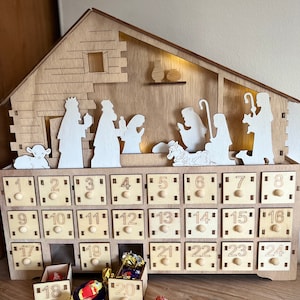 LED Christmas wooden advent box, adult and children alike, countdown to Christmas, December 1st, nativity, mary & joseph, traditional