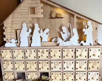 LED Christmas wooden advent box, adult and children alike, countdown to Christmas, December 1st, nativity, mary & joseph, traditional