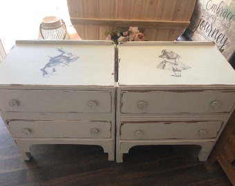 SOLD 2 x Chest of draws, Alice in Wonderland theme, storage, sideboard, 2 draw chest, nursery, baby storage, playroom furniture, bed side ta