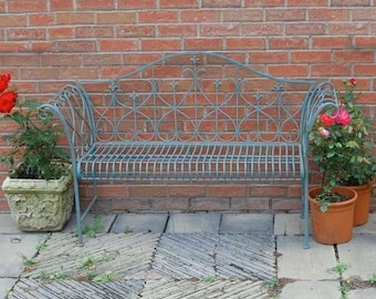 Fleur Vintage Metal Bench, Love Seat, Garden Furniture, patio bench, French style, farmhouse, iron, blue green, antique blue