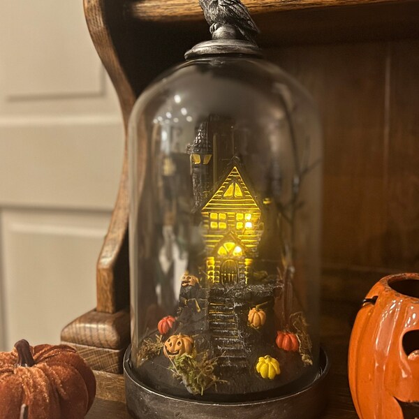 Spooky house Halloween glass dome, light up, indoor or outdoor decoration, pumpkin, bat, haunted house, fall, door, entryway display