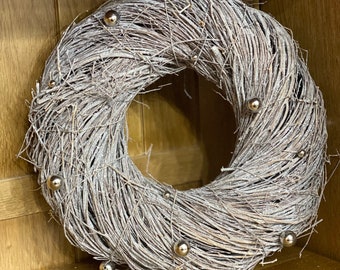 Christmas door wreath, wood, twine, natural materials, added silver sparkle / glitter
