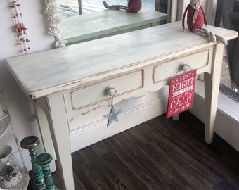 SOLD Large hand painted console table, hall, entryway, chunky farmhouse pine, storage draws, distressed, shabby chic, office table, desk