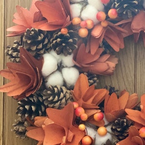 Fall Autumn artificial wreath decoration, wall door hung, harvest decor, farmhouse, cotton wood design large garland ornament, thanks giving image 2