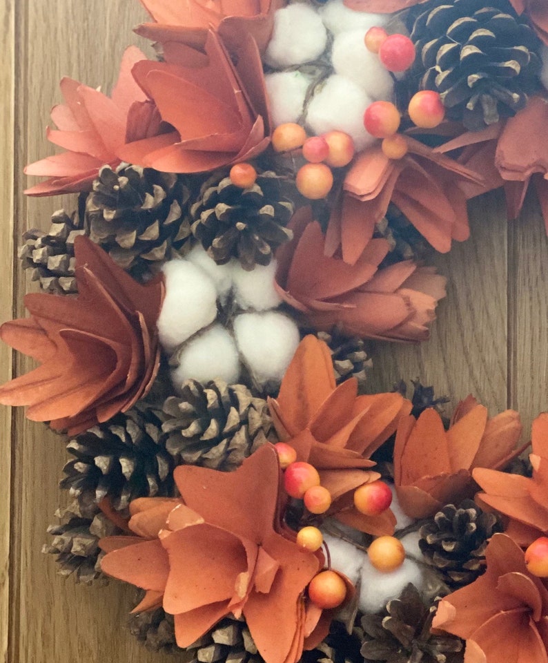 Fall Autumn artificial wreath decoration, wall door hung, harvest decor, farmhouse, cotton wood design large garland ornament, thanks giving image 2