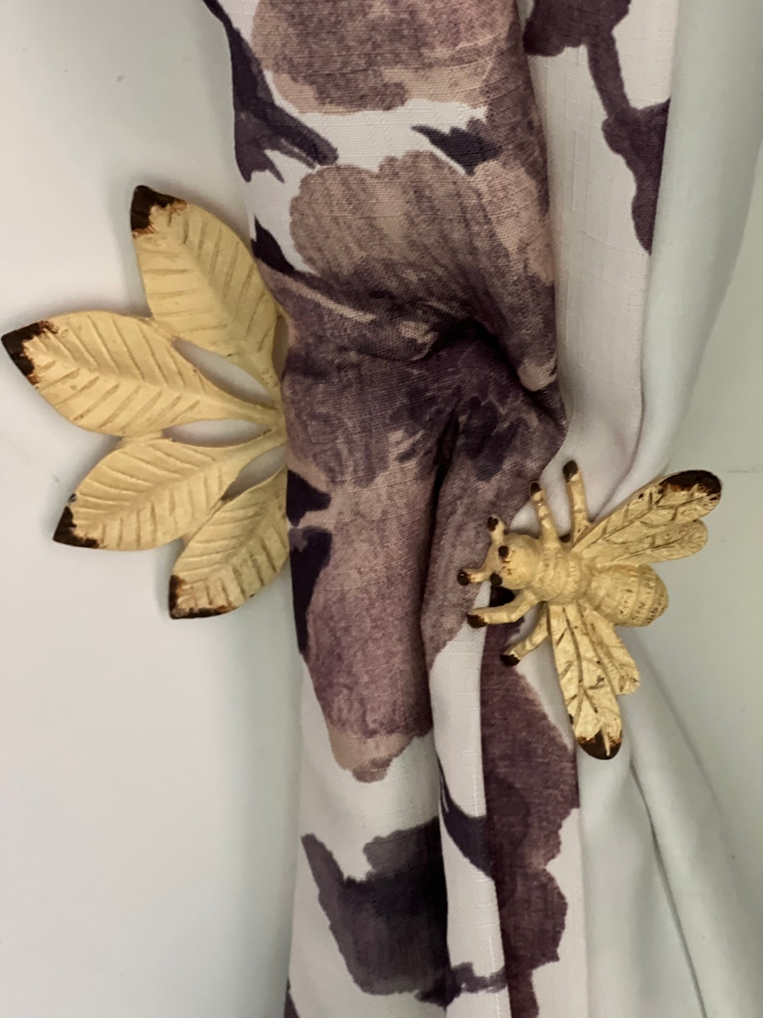 New Antique White Bee Curtain Tie Backs, Wall Hooks, Bumble Bee