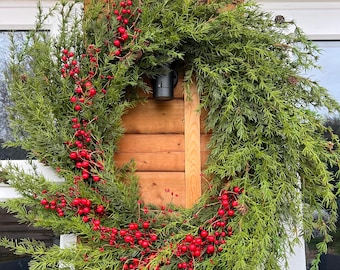 Pre Order - Extra large Christmas wreath decoration red berry and green spray with pine cones, 127CM wall or door hung, berries, greenary