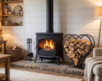 Large Iron Heart Log Store – Rustic Farmhouse Wood Holder – 61cm Tall Black Timber Caddy – Fireplace Hearth Decor – Log Burner Accessories