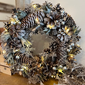 Christmas Natural Woodland Wreath with LED lights, Table Centrepiece, Wall or Door Hung, Frosted Foliage, Pinecones, Holly, Silver Berries